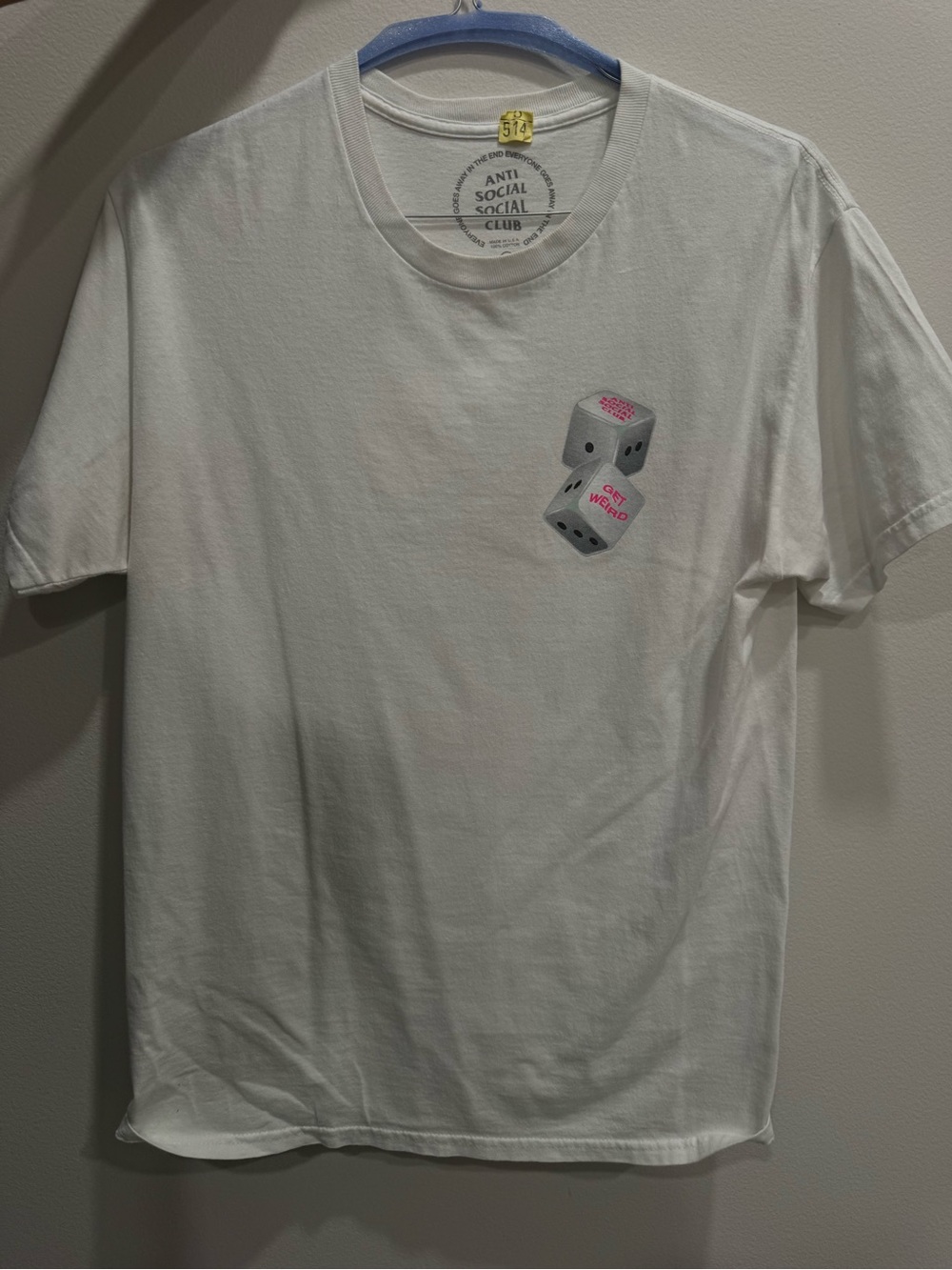 Anti Social Social Club White Tee with Dice Graphic and Pink Accents